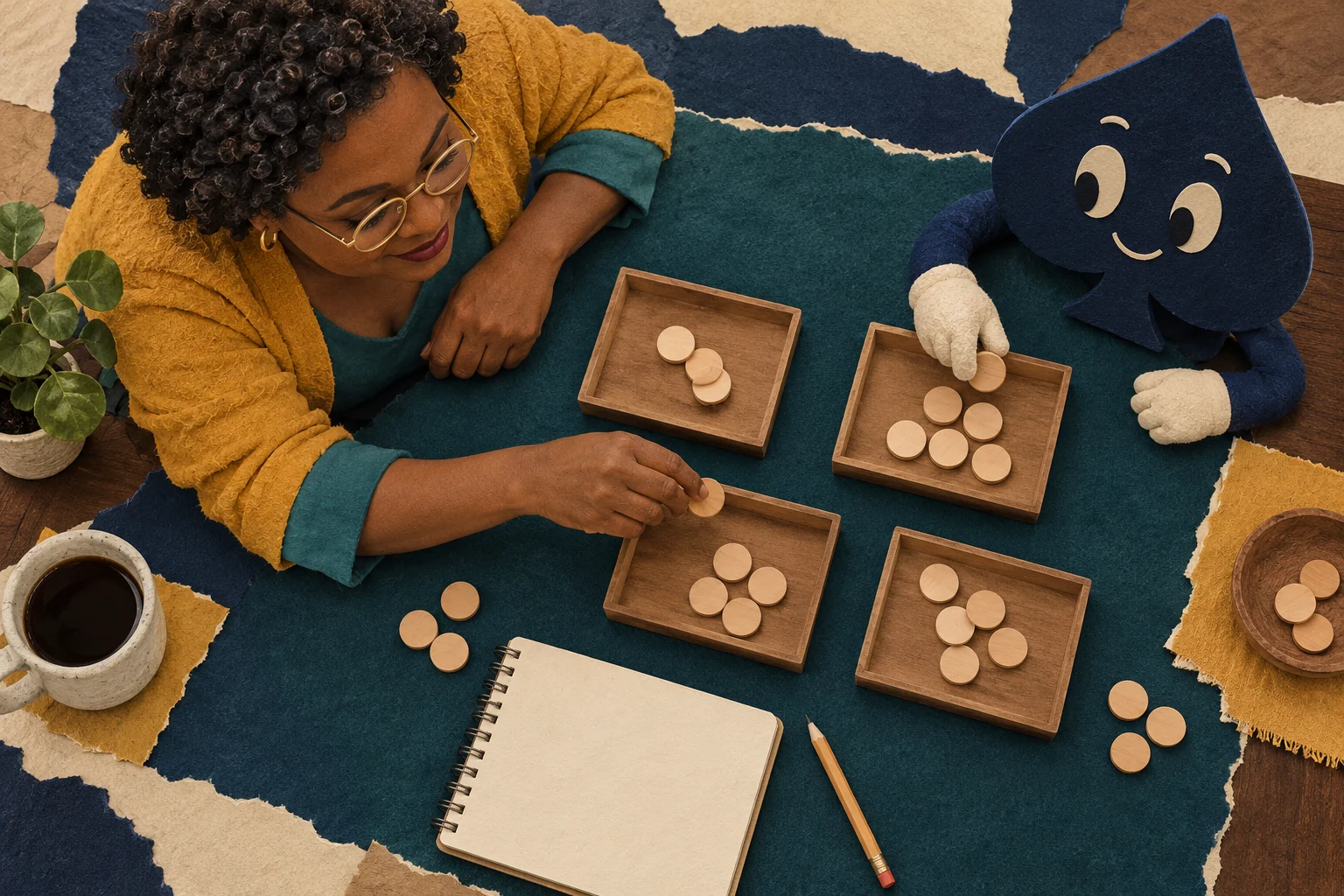 Overhead cut-paper scene of Nia and the spade sorting unmarked wooden counters into separate trays beside a blank notebook.