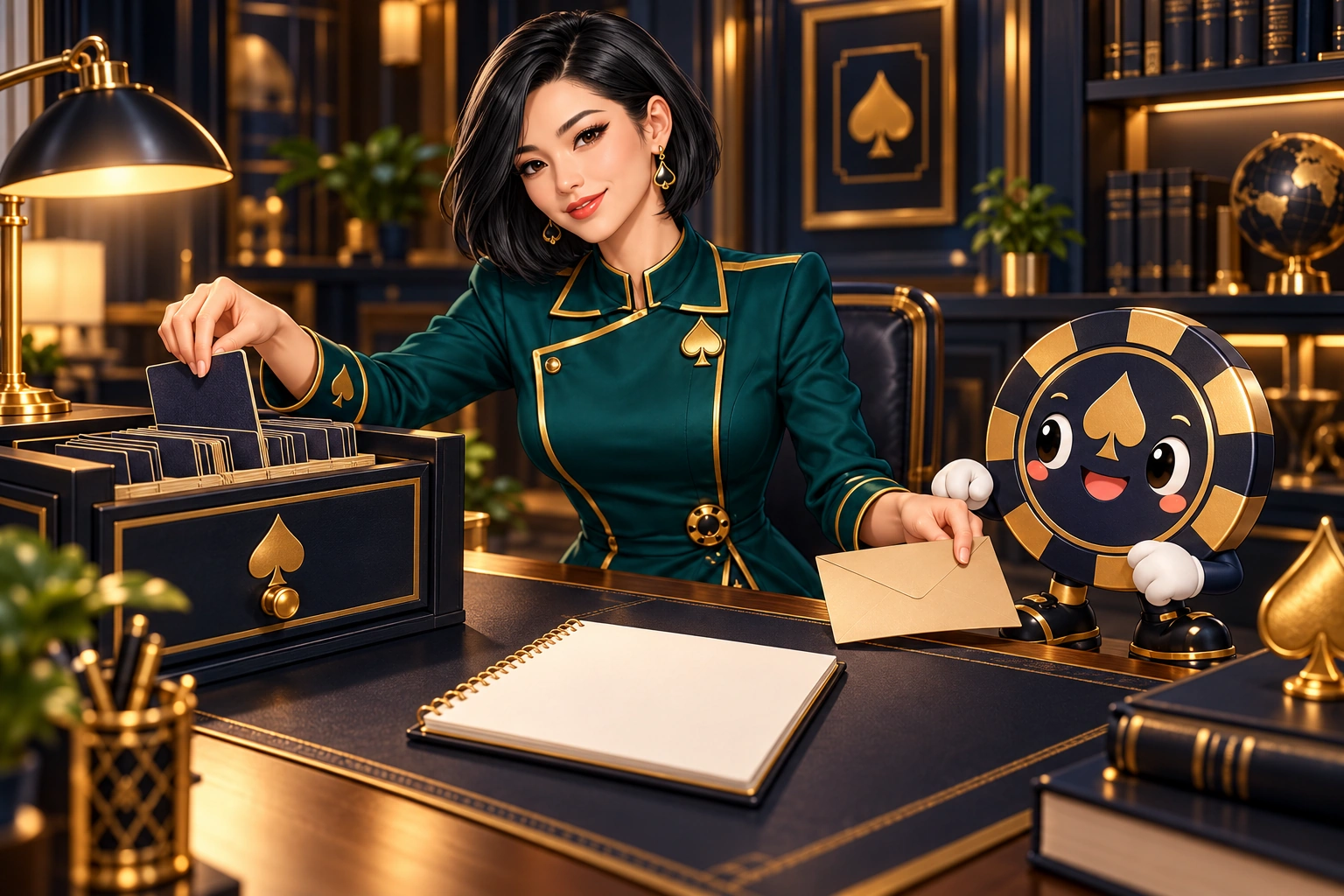 Yuna and Ace the HPD spade select one anonymous hand-record card at a study desk.
