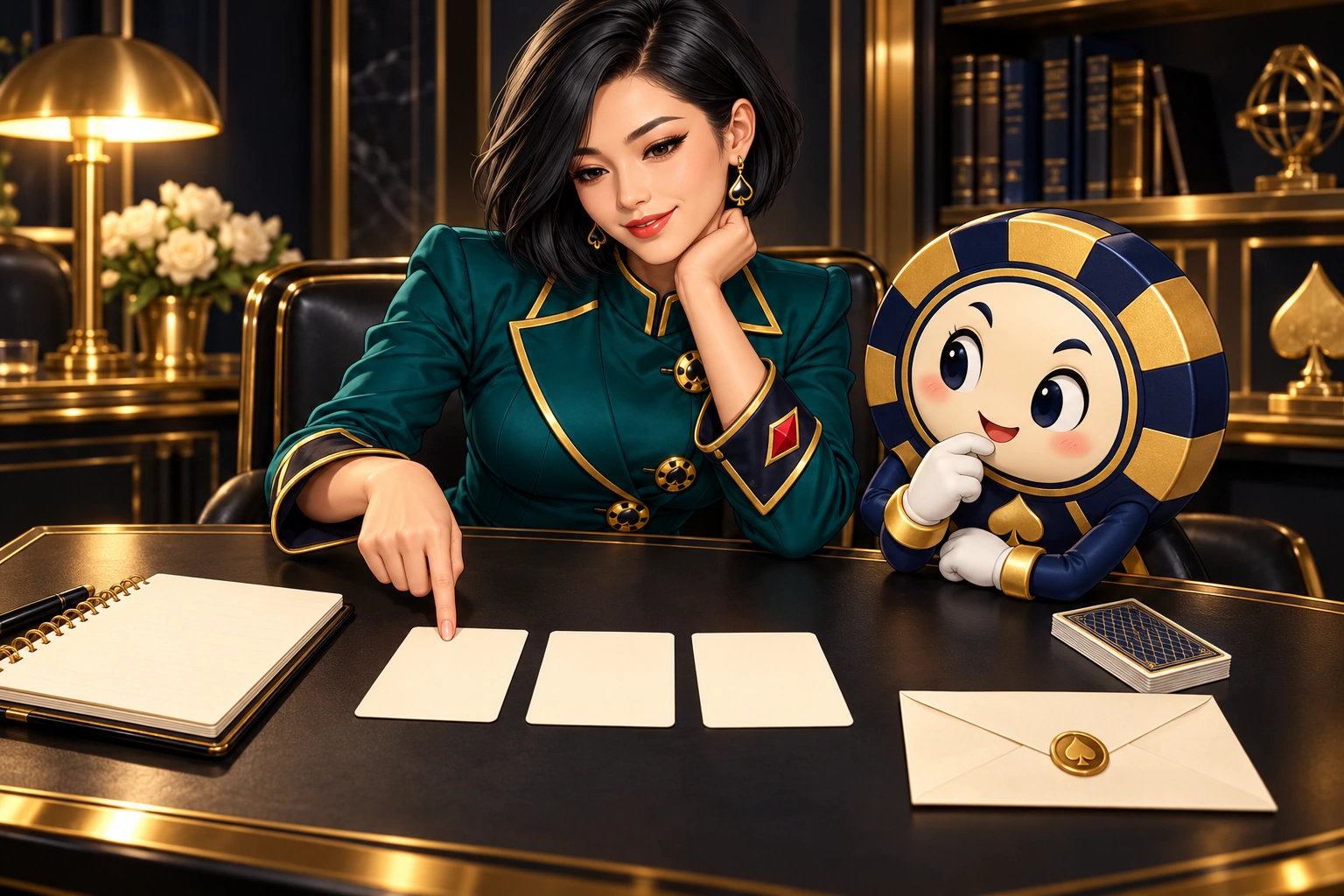 Yuna and Ace the HPD spade arrange three blank practice cards beside a study worksheet.