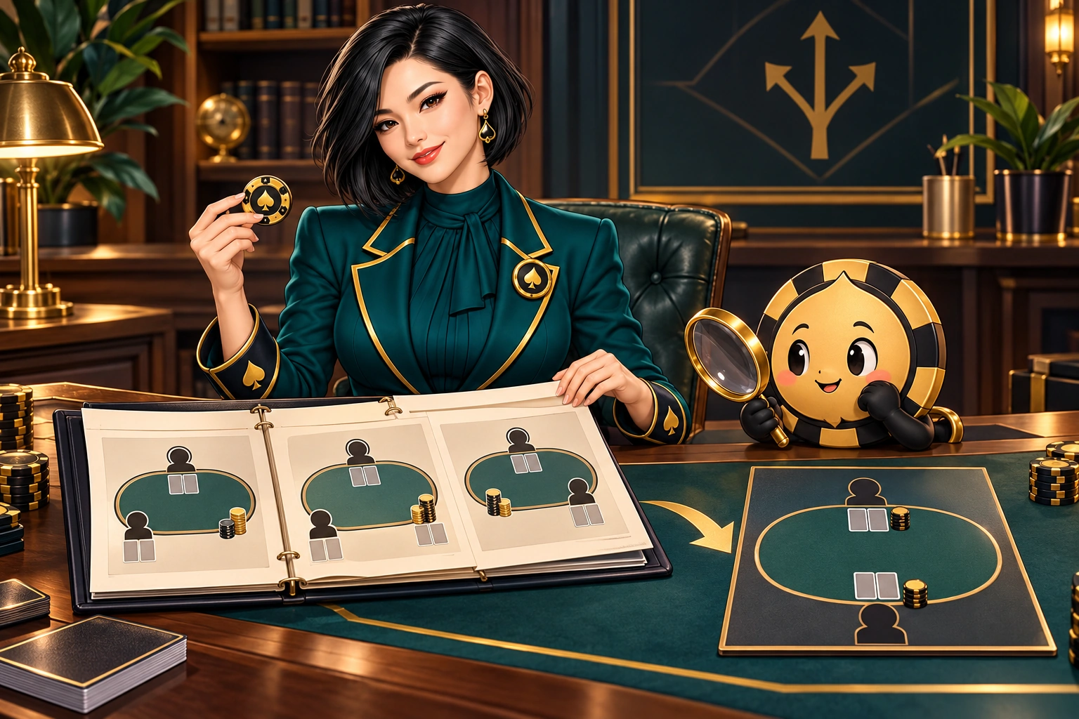 Yuna holds a button token while Ace the HPD spade studies a previous-hand record beside the two-player map.