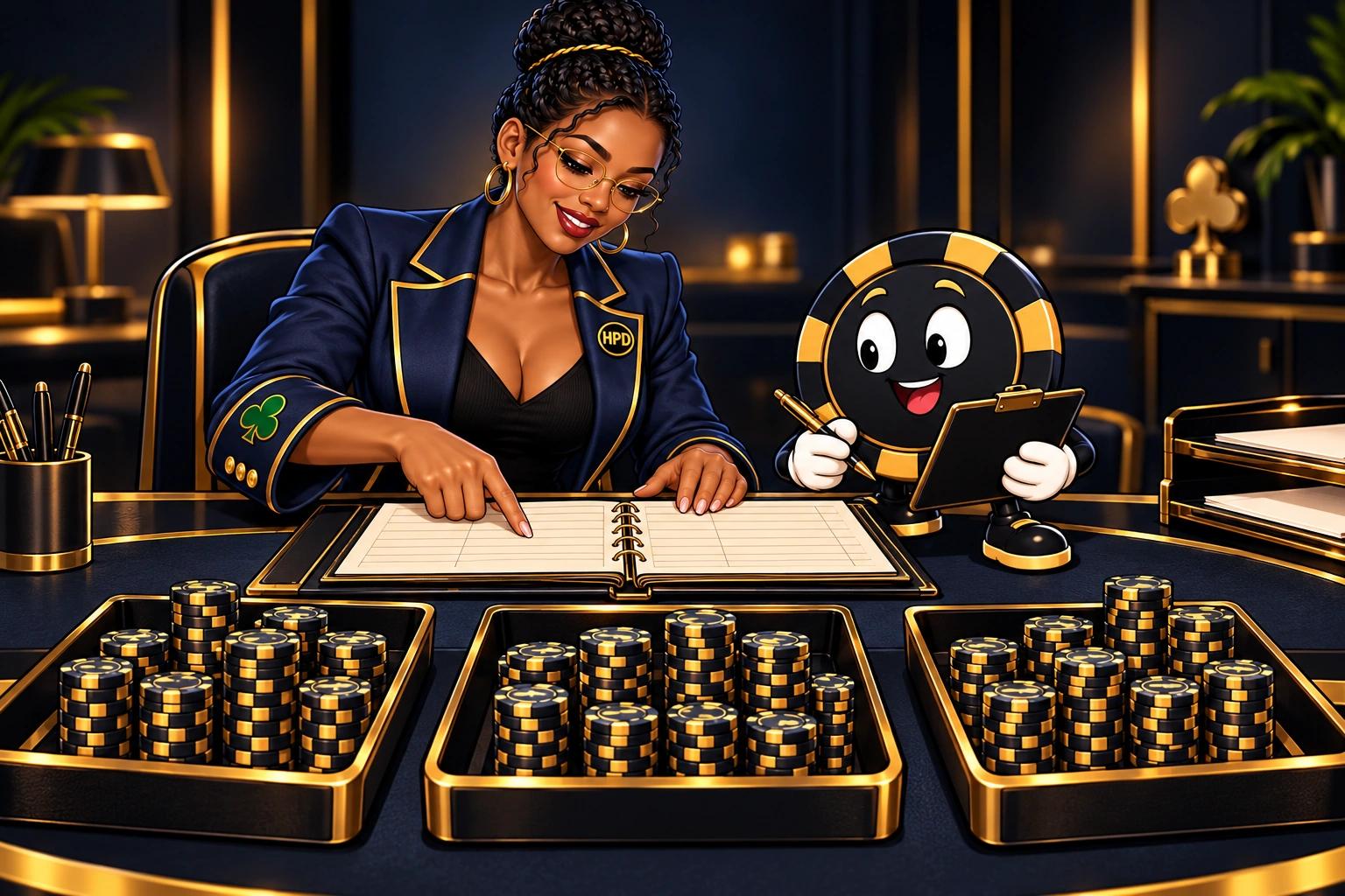 Amina and Ace the HPD spade compare an entry clipboard, a blank prize ledger and three separate chip trays.