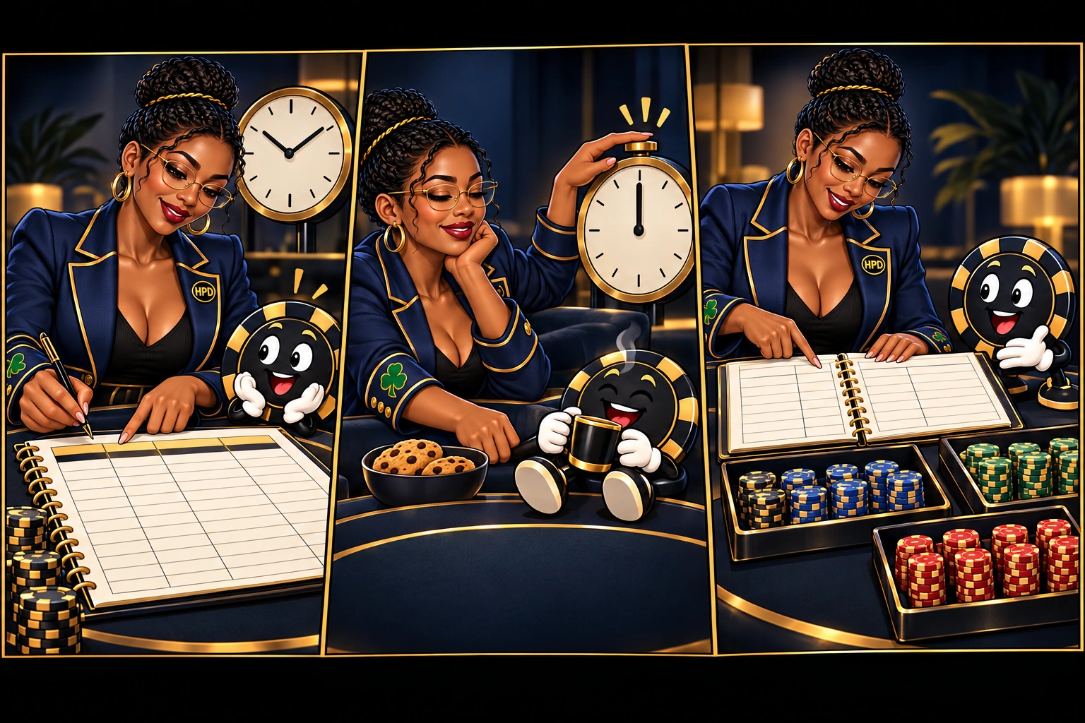 Amina and Ace the HPD spade prepare a schedule beside a clock and check a blank prize ledger in three teaching panels.