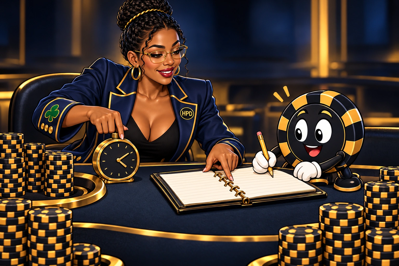 Amina points to a recovery note beside a paused tabletop clock while Ace the HPD spade writes with a pencil.
