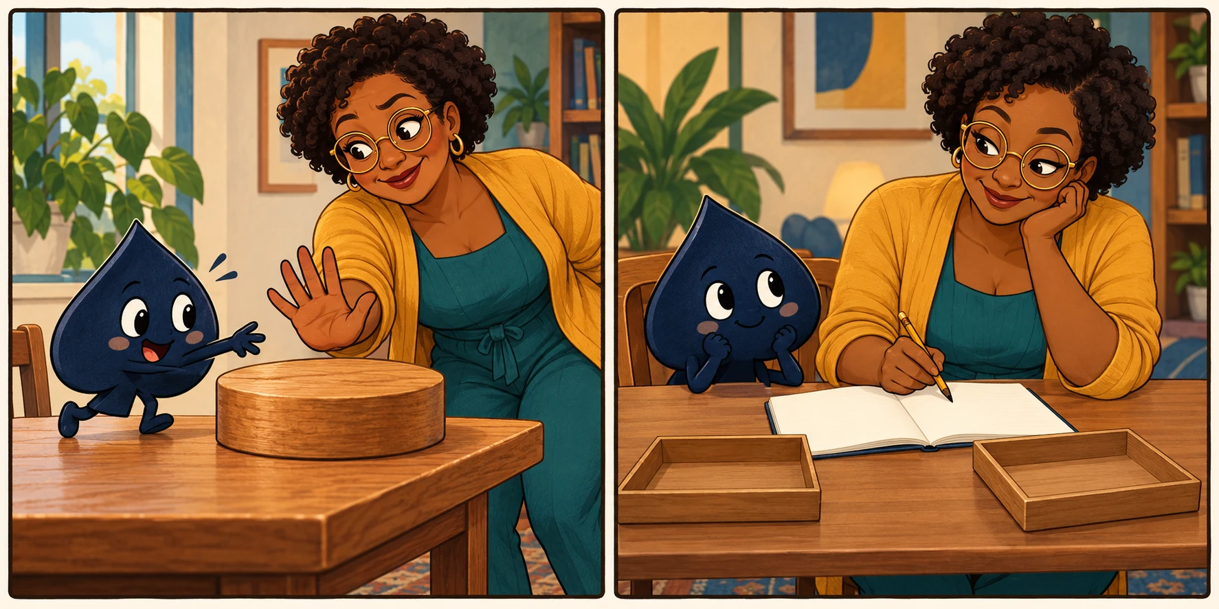 In a two-panel comic, Nia stops the spade from grabbing an oversized wooden counter, then they check a blank notebook together.