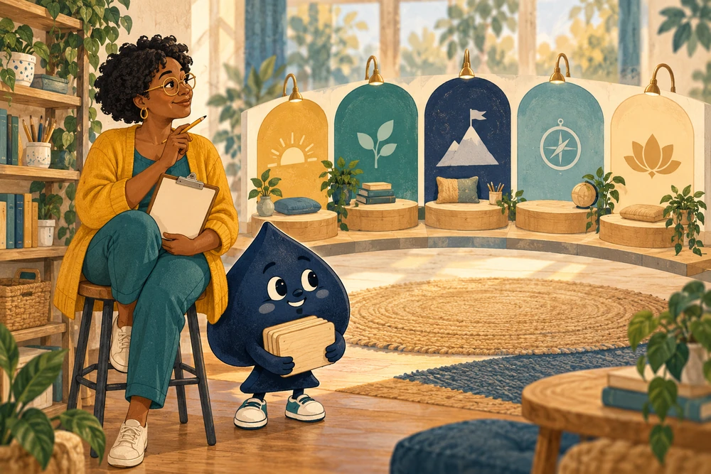 Nia sits on a stool with a blank clipboard while the navy spade carries wooden teaching cards beside a curved study area.