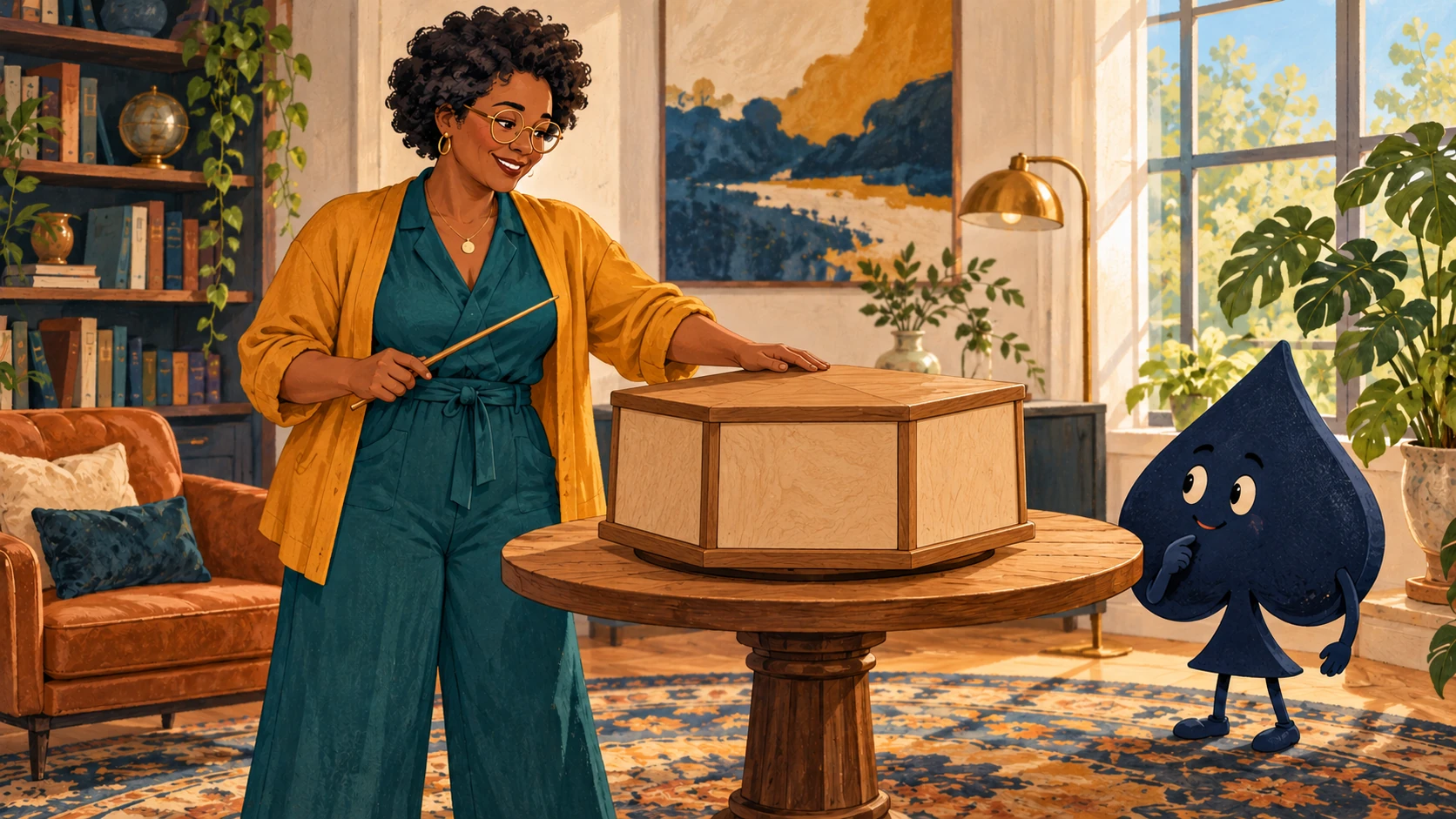 Nia, a teacher in a teal outfit and mustard cardigan, turns a blank wooden teaching display while the navy HPD spade watches.