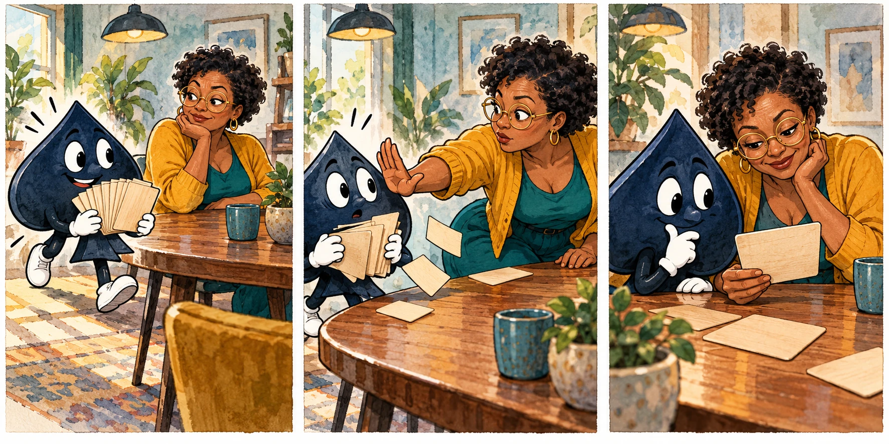 In a watercolor comic, Nia pauses the startled navy spade, then they lean together over a cue card.