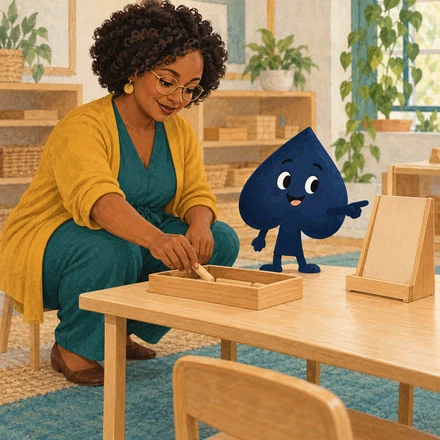 Nia puts a wooden marker into a tray while the navy spade points toward a blank teaching stand.