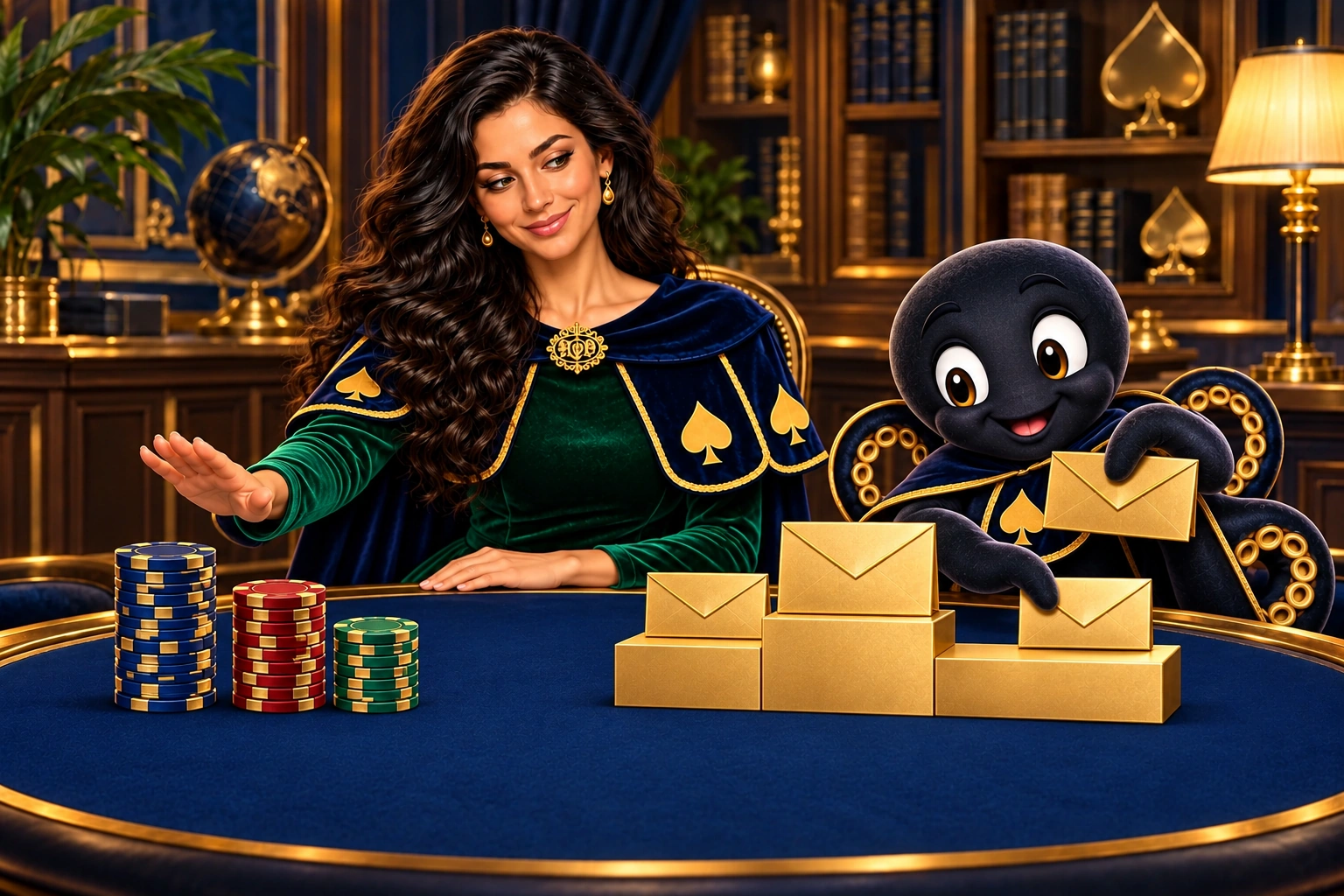 Ace the HPD spade changes a prize envelope while Celeste keeps the three chip stacks unchanged.