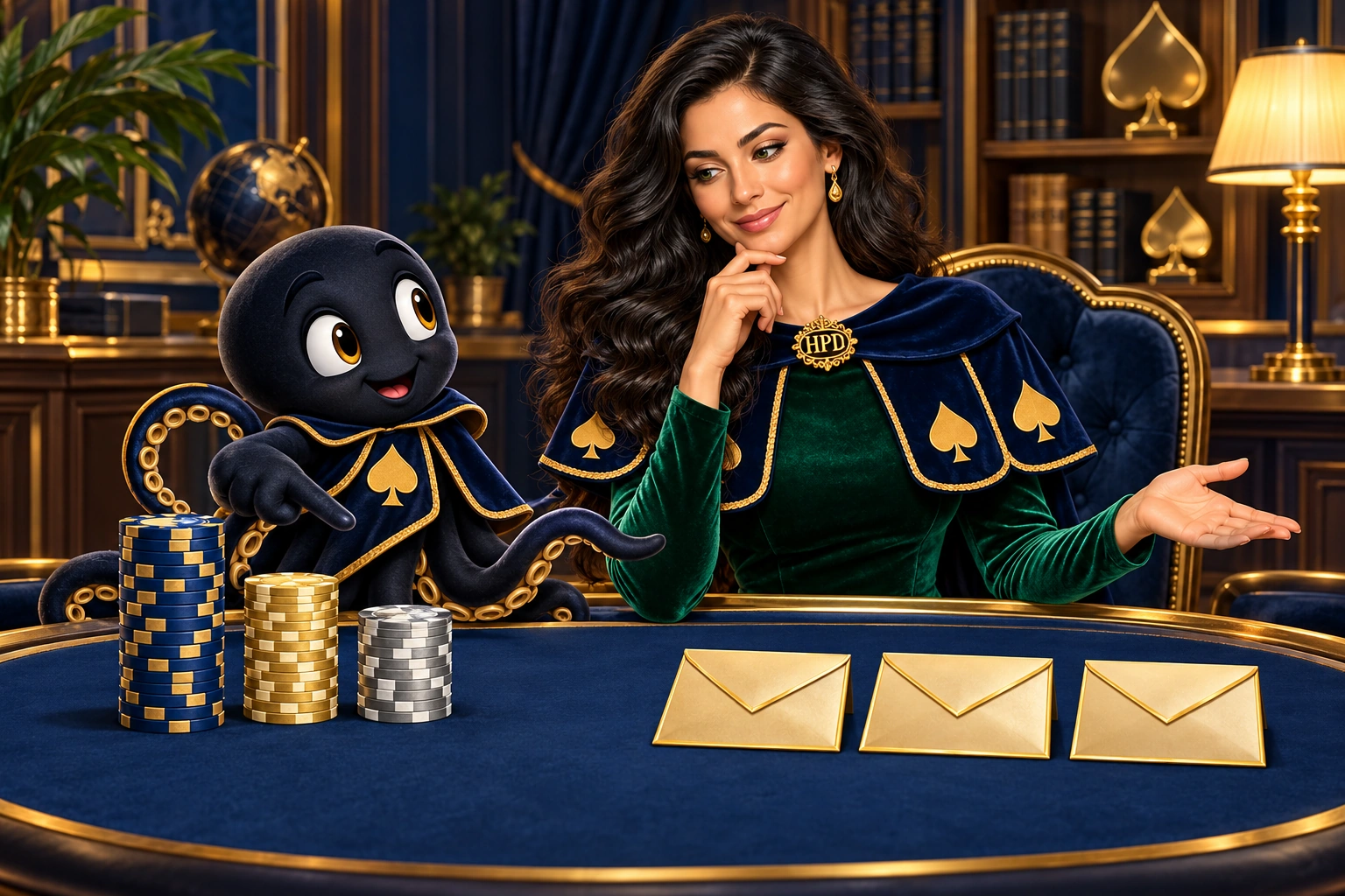 Celeste and Ace the HPD spade compare unequal chip stacks with a separate set of prize envelopes.