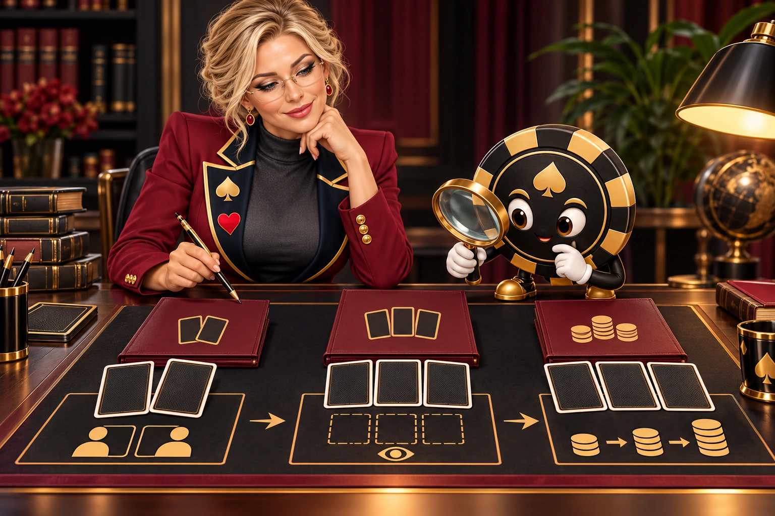 Valeria and Ace the HPD spade examine separate folders for hidden hands, future cards and later wagers.