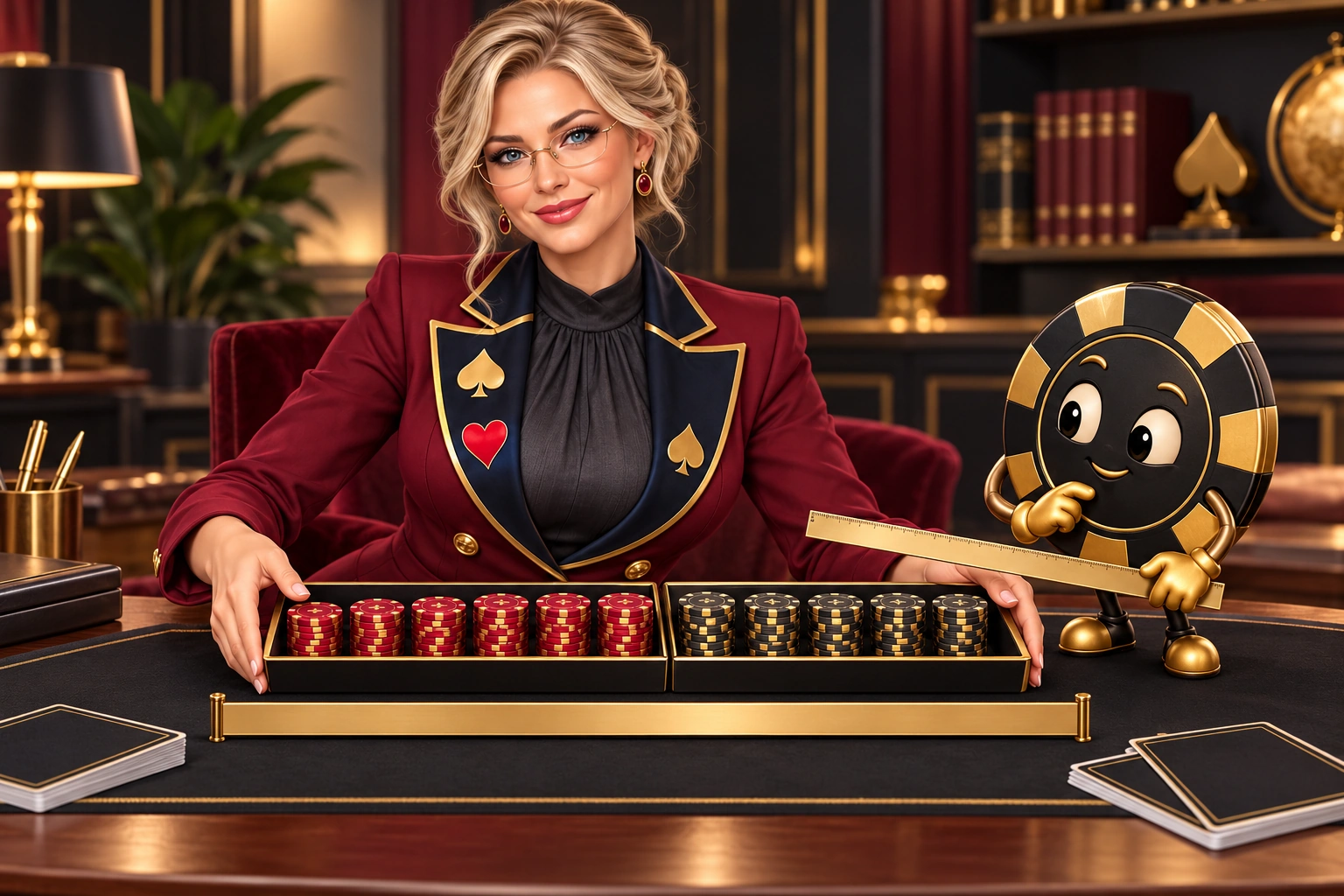 Valeria and Ace the HPD spade place two distinct chip trays beside an unmarked combined measuring bar.
