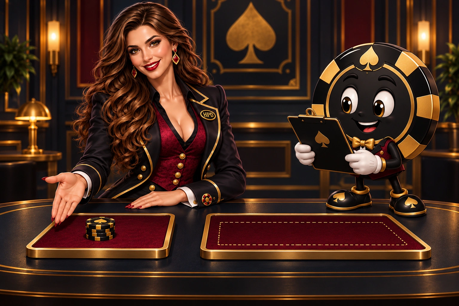 Victoria and Ace the HPD spade compare a short remaining chip stack with a larger empty target area.