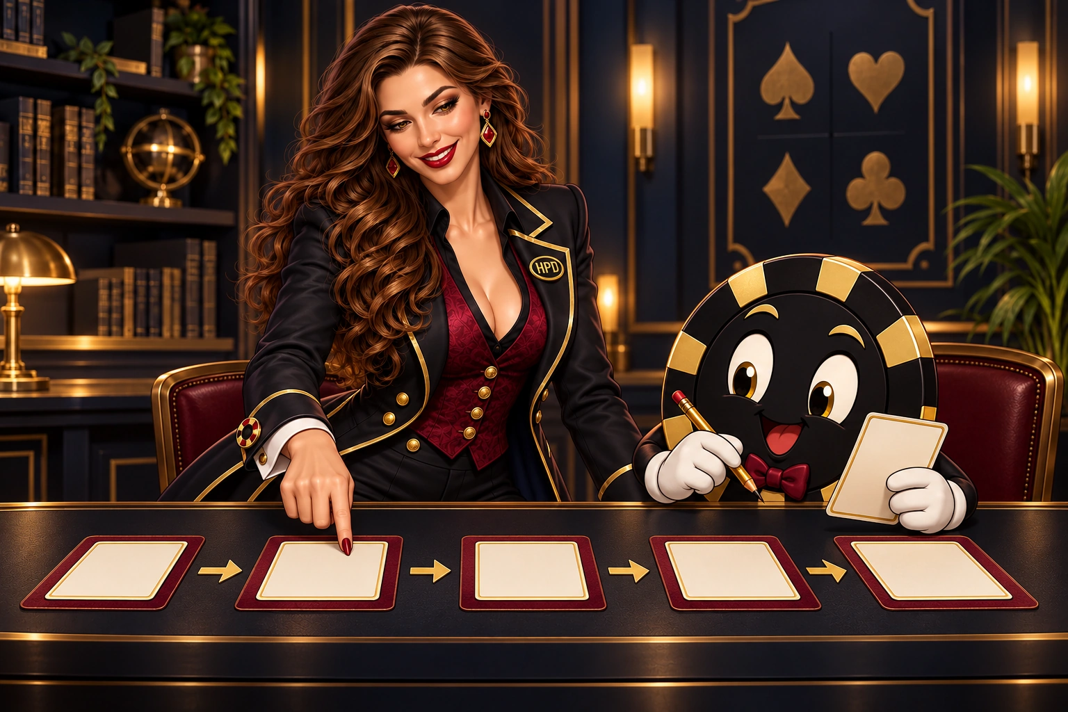 Victoria and Ace the HPD spade review separate blank action-history cards on a dark study desk.
