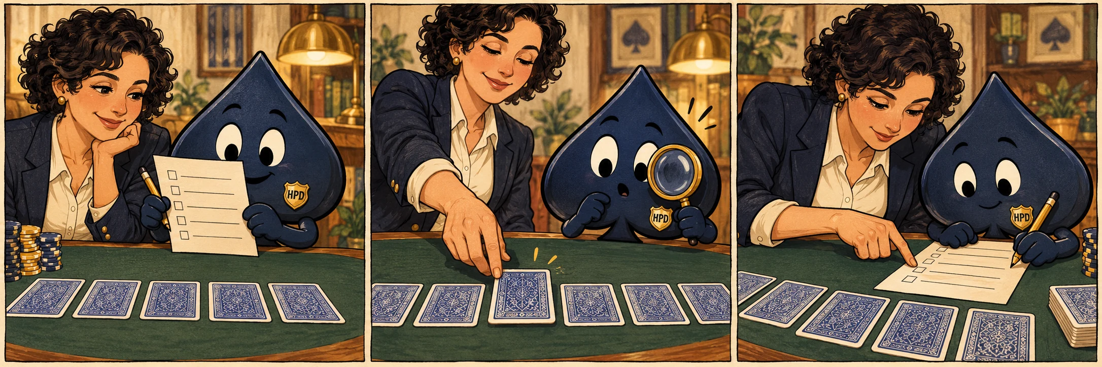 A three-panel comic shows the adult teacher and Ace the HPD spade checking a hand, noticing a new card, and revisiting their checklist.