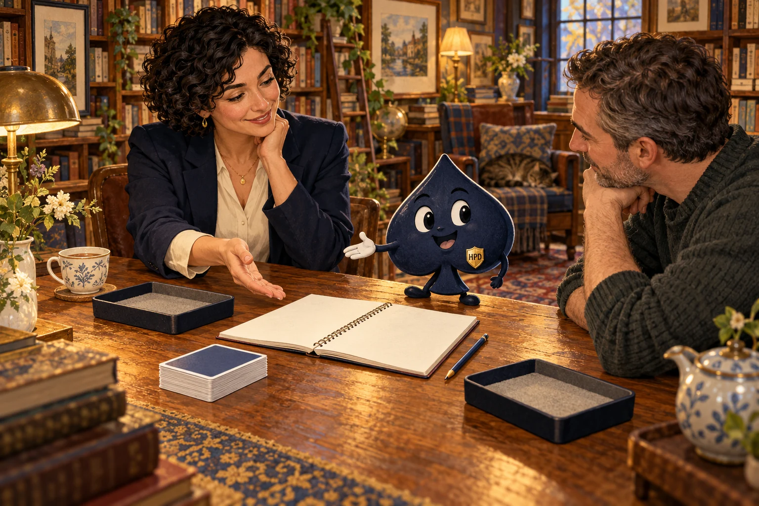 The teacher, a learner and Ace the HPD spade gather around an open practice notebook in a warm study room.