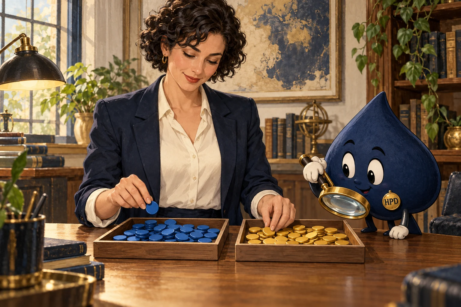 A teacher separates blue and gold study counters while Ace the HPD spade examines the trays with a magnifying glass.