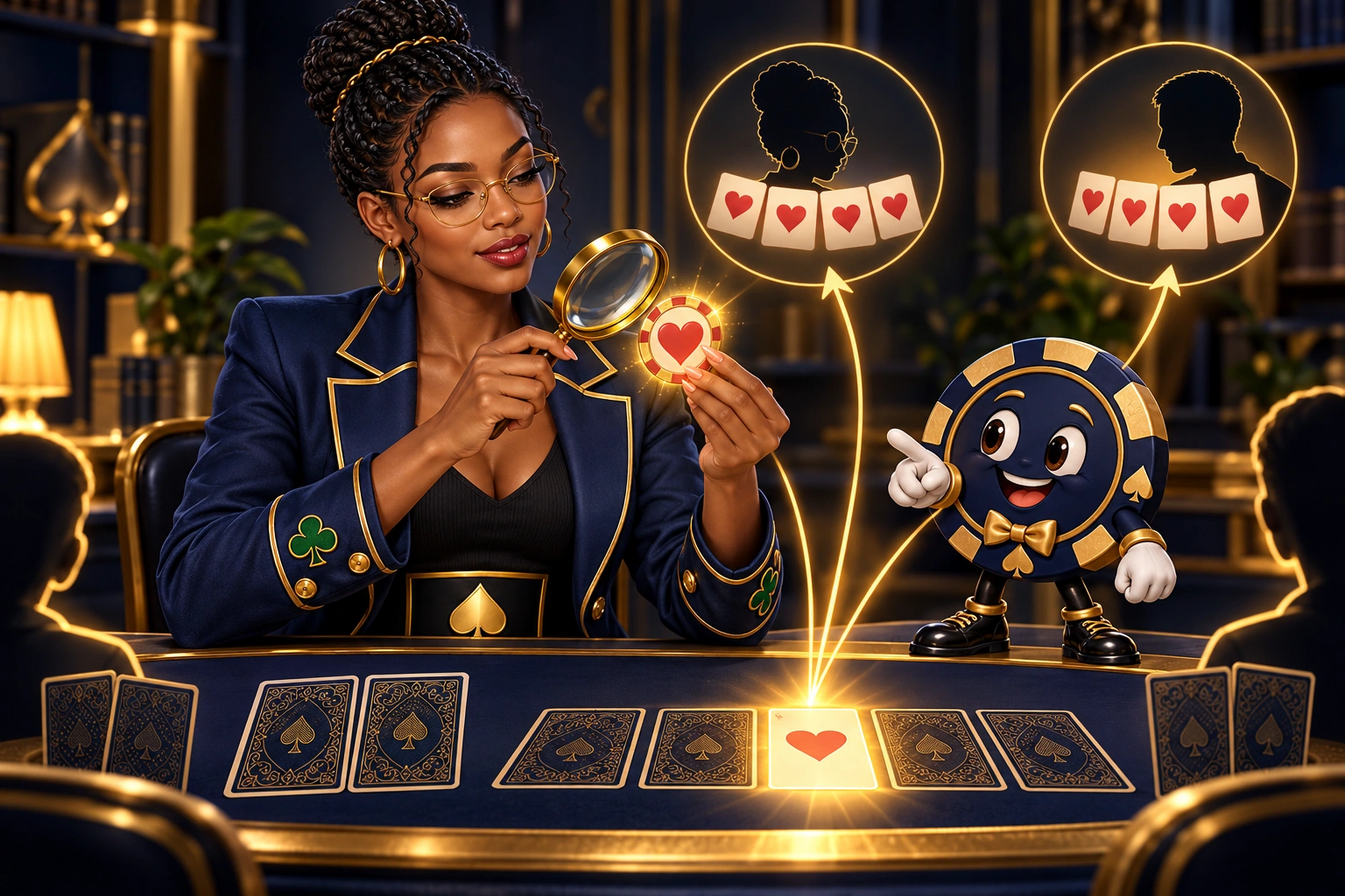 Amina examines a heart token while Ace the HPD spade considers the opposing hand.