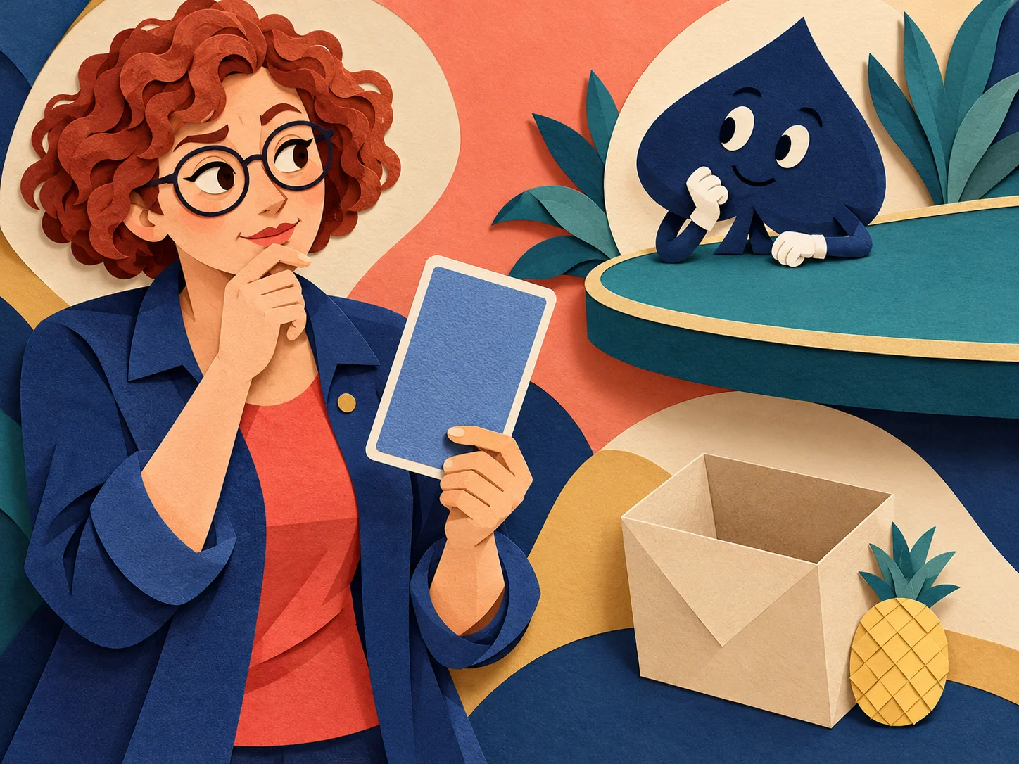 A cut-paper Mira holds a blank-backed card between an empty teal playing surface and an open discard envelope while the navy spade considers the choice.