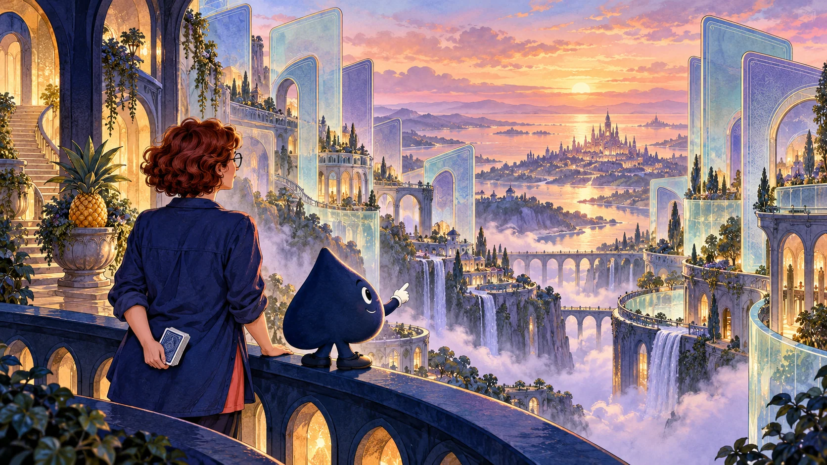 Mira and the navy spade look across a dreamlike city of translucent card-back archways and terraces at sunset.
