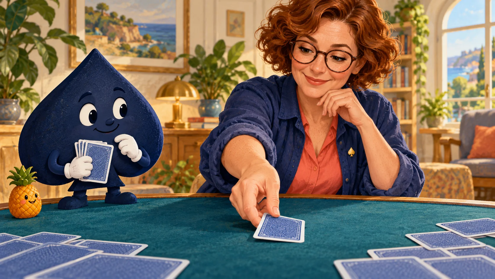 Mira, a teacher with short auburn curls and round glasses, places a blue-backed card on teal felt beside Ace the HPD spade and a tiny pineapple.