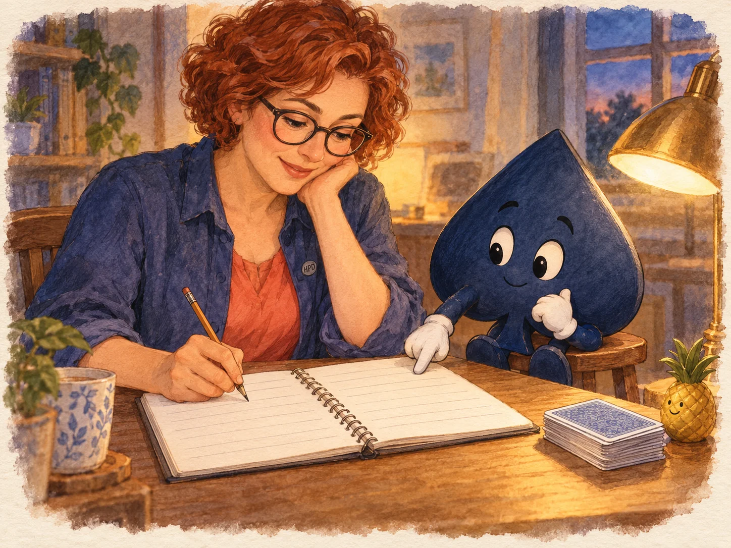 Mira writes in an open scorebook under a warm lamp while the navy spade points to a separate blank section; a closed card packet rests nearby.