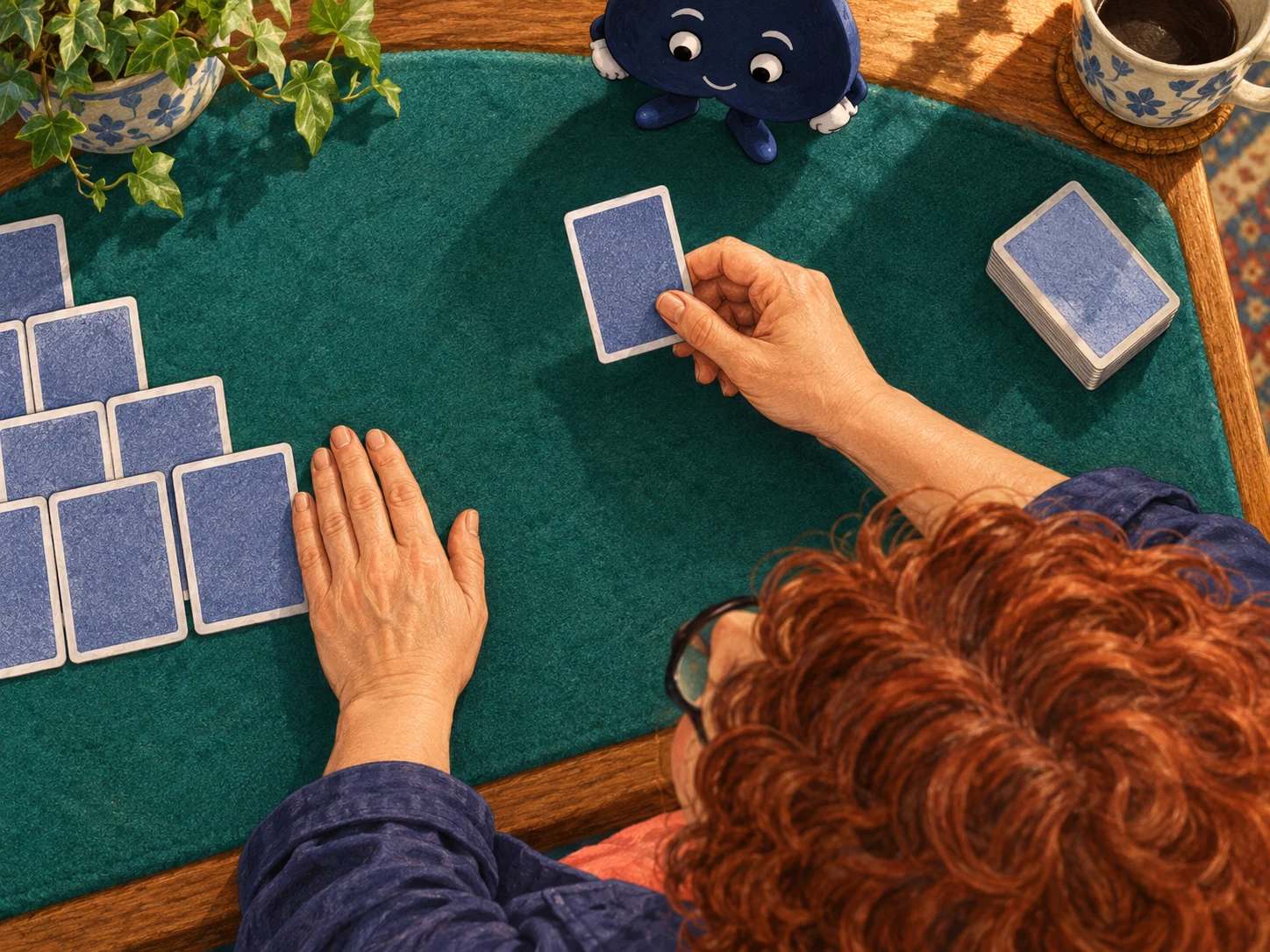 Overhead view of Mira considering a single blue-backed card beside a partly cropped arrangement, with the navy spade watching from the opposite edge.