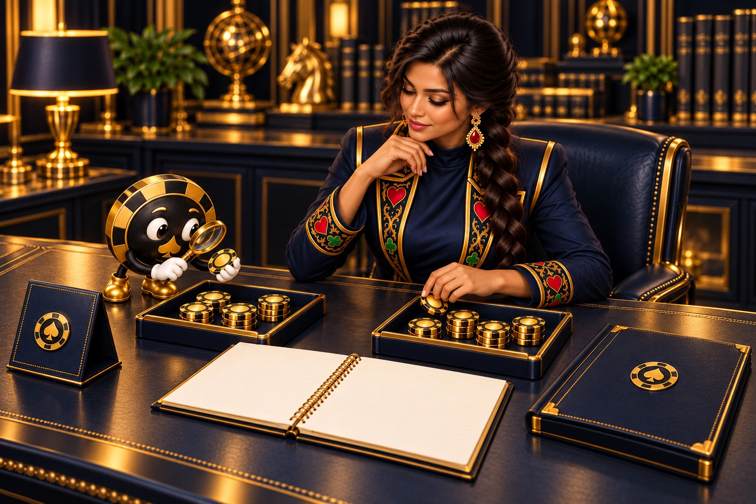 Indira checks separate token trays and a receipt notebook while Ace the HPD spade examines a counter.