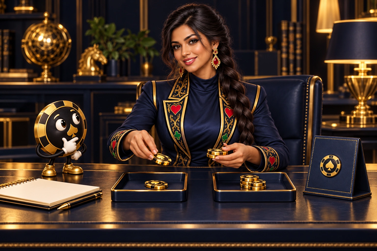 Indira separates gold counters between a receipt tray and a carried-bounty tray beside a seat badge.