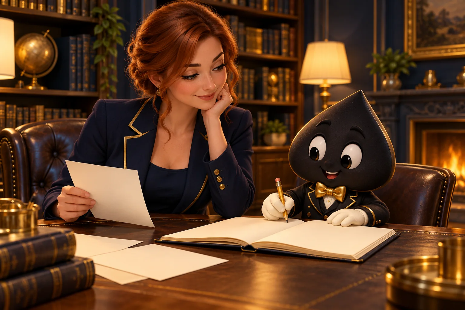 Ace the HPD spade revisits an open notebook with a pencil while the adult teacher holds a fresh note sheet.