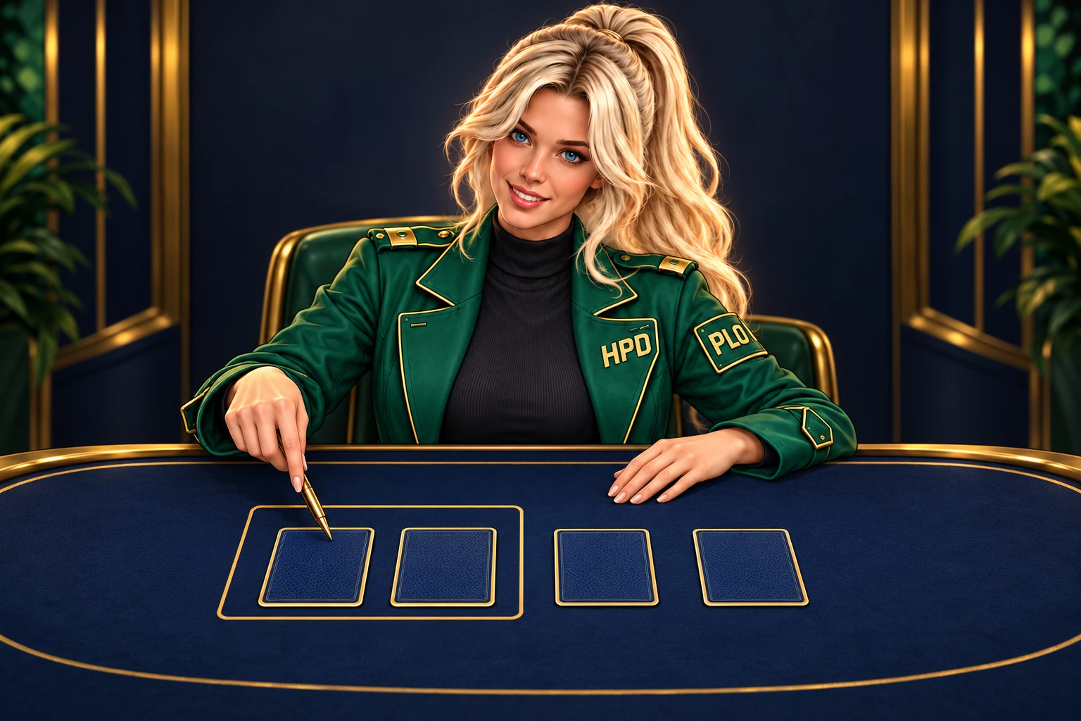 HPD PLO teacher points to a frame around two of four face-down private cards.
