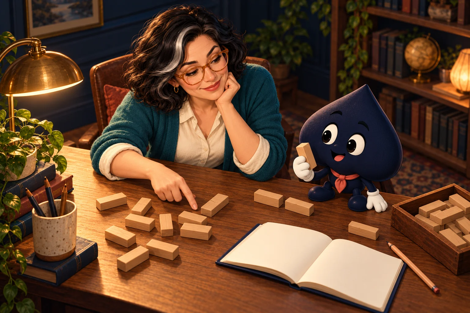 From an overhead angle, the teacher and Ace the HPD spade sort plain wooden blocks beside a blank notebook.