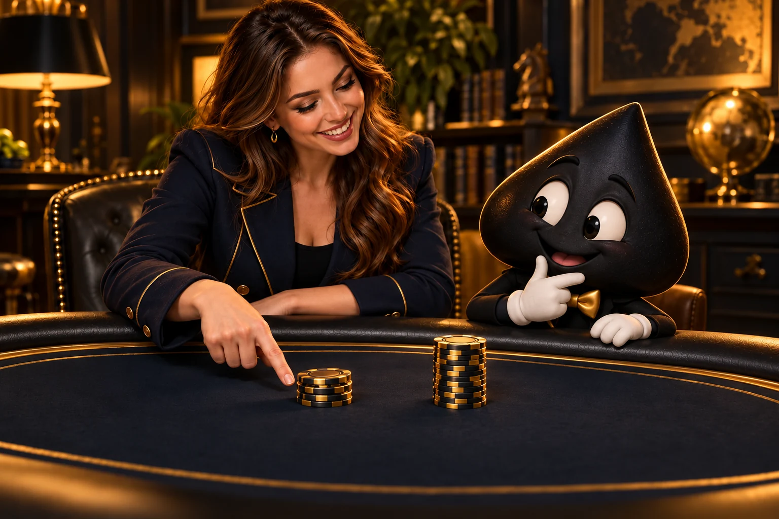 The poker teacher and Ace the HPD spade compare small groups of unmarked chips on navy felt.