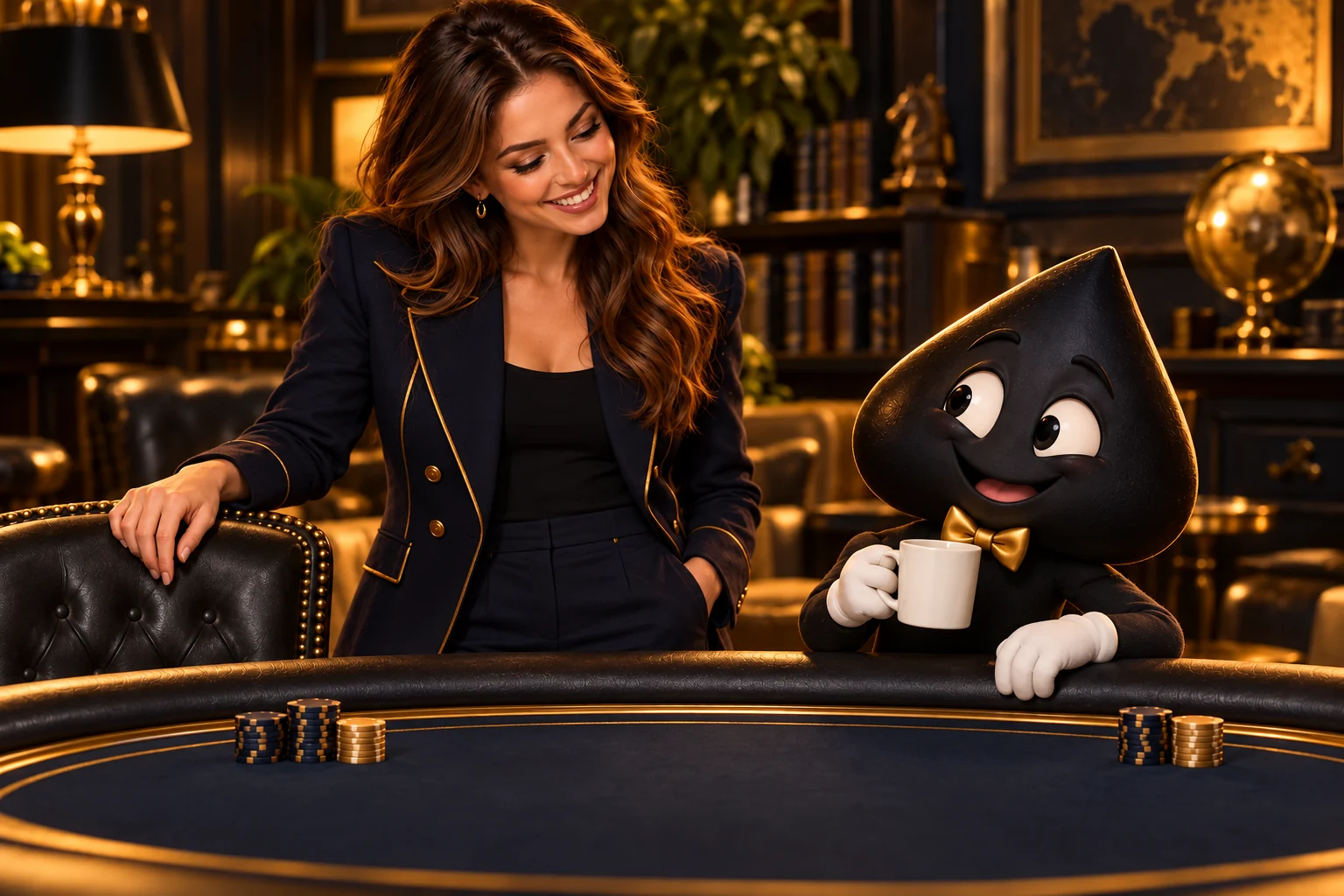 The adult poker teacher and Ace the HPD spade take a relaxed pause beside the table, with their chips untouched.