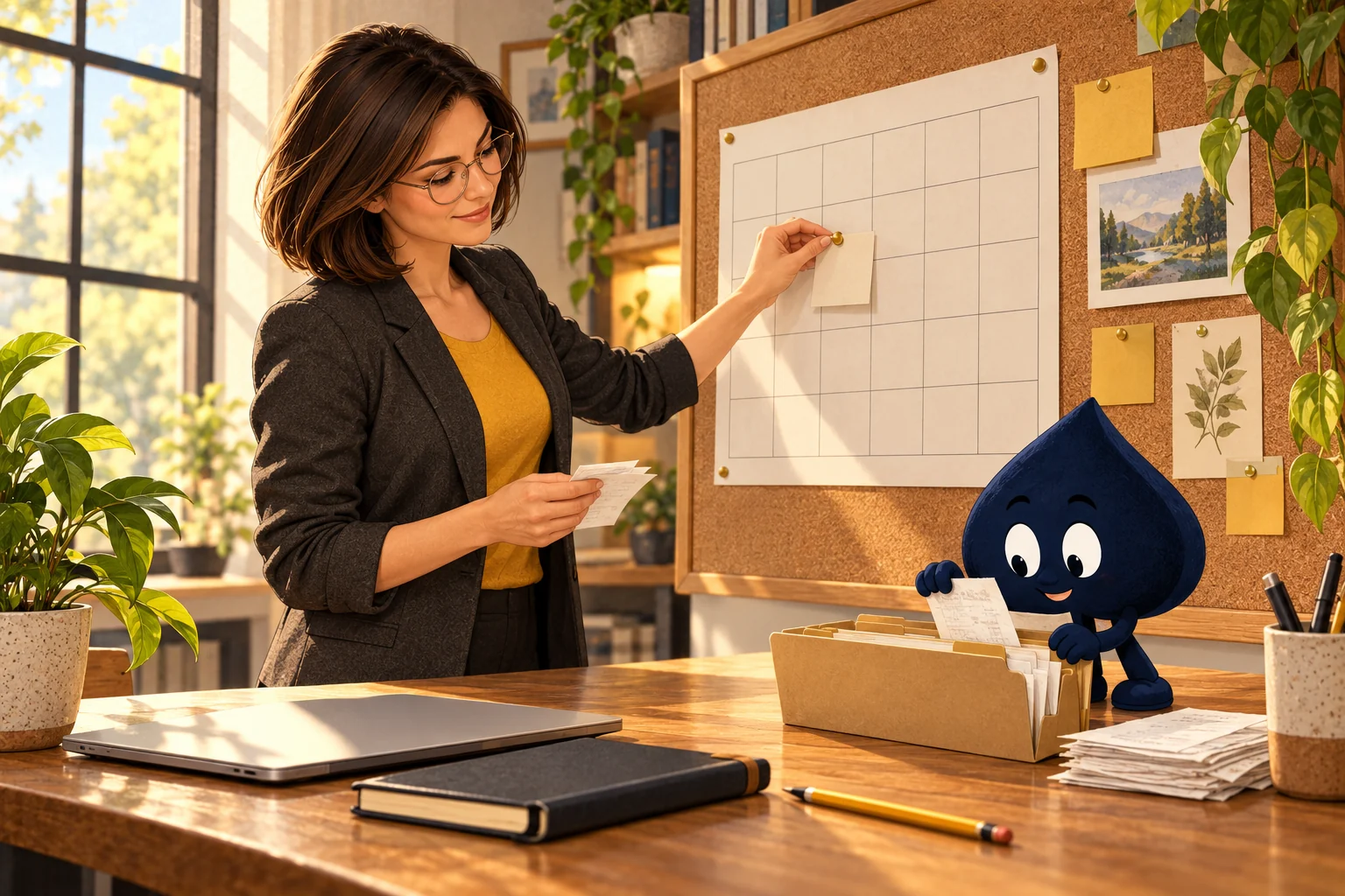 The adult female teacher pins an event slip to a paper calendar while Ace the HPD spade files a receipt.