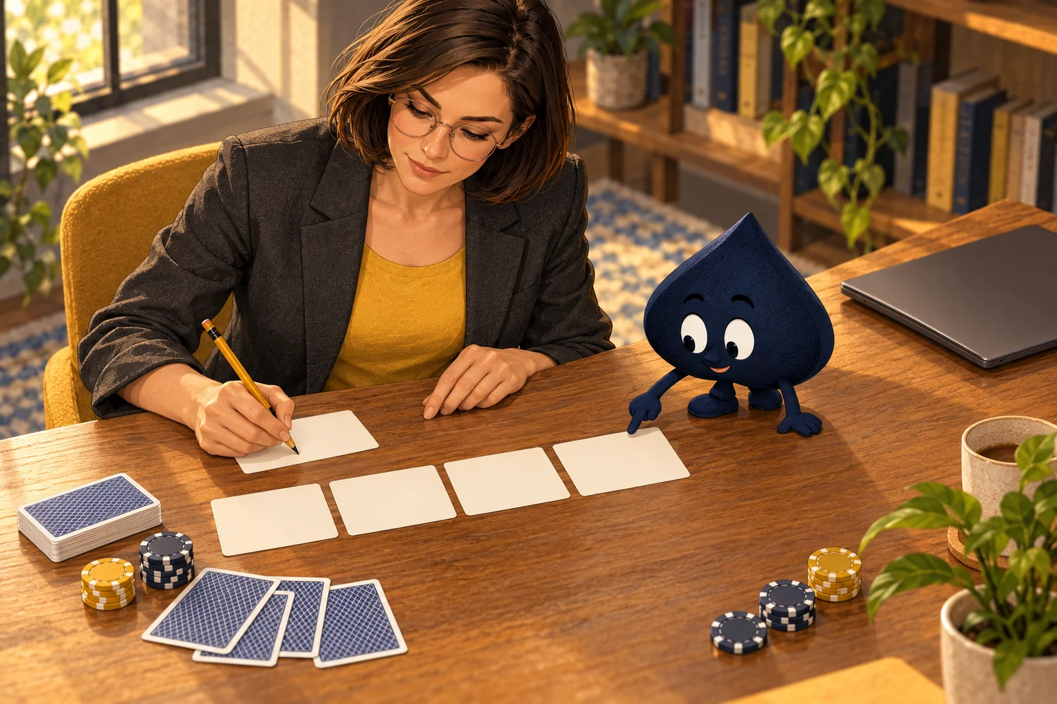 The adult female teacher reconstructs a hand on note cards while Ace the HPD spade points to the sequence.