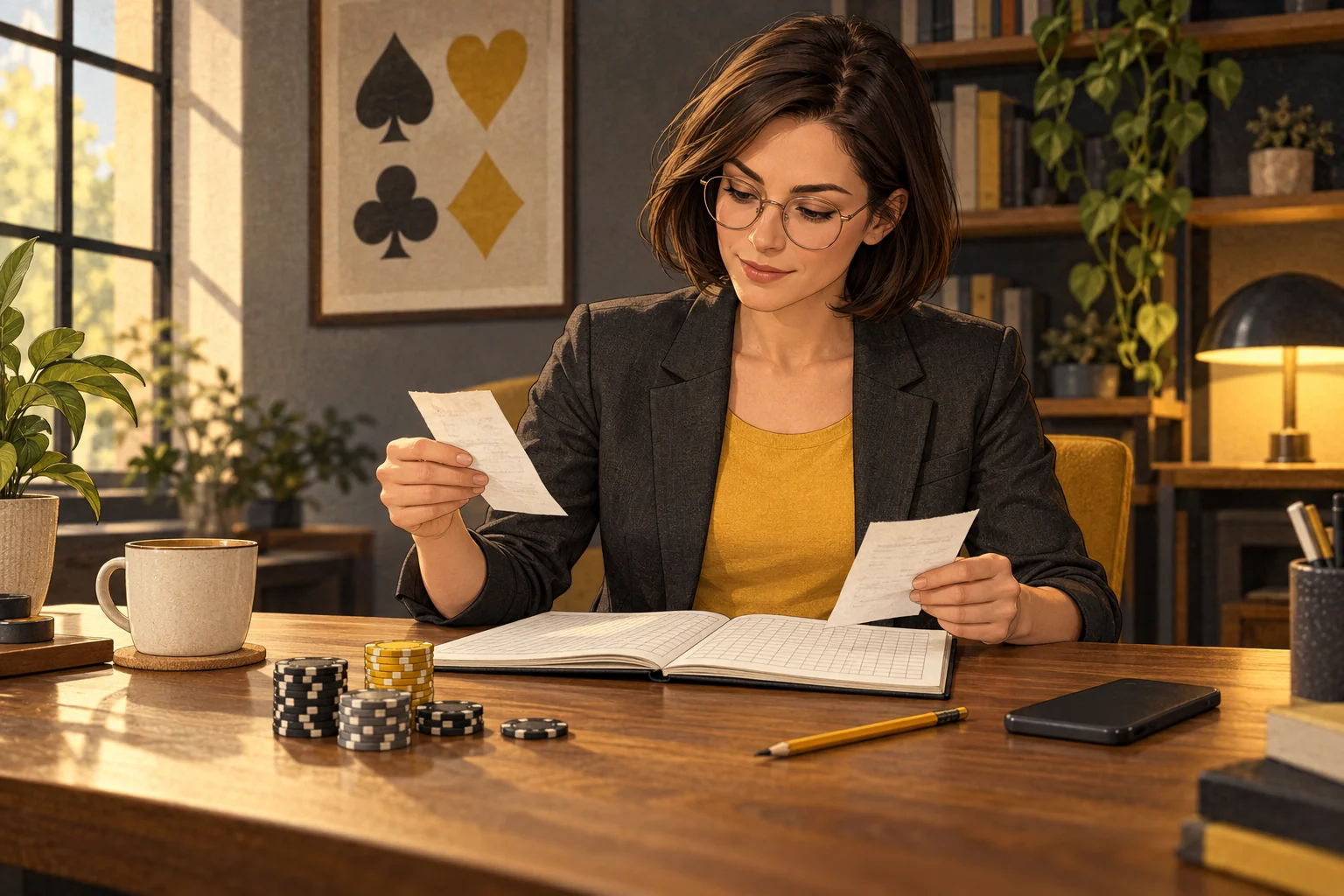 A teacher checks two receipts against a notebook beside poker chips and a face-down phone.