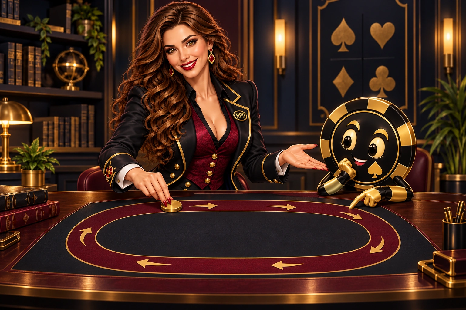 Victoria and Ace the HPD spade move a dealer-button token beside a blank oval table sketch.