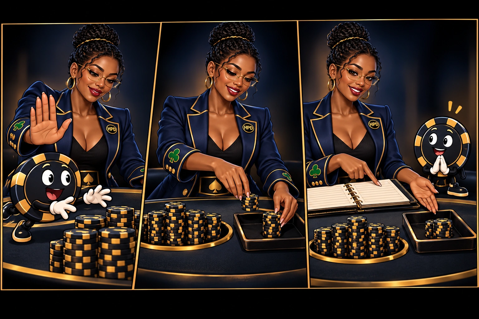 Amina pauses Ace the HPD spade, counts a call beside the pot, and checks a ledger in a three-panel illustration.