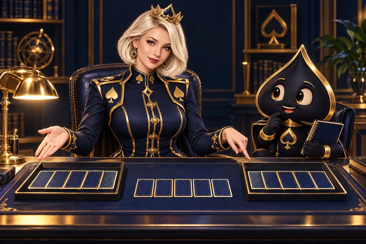 Aurora gestures toward two trays of face-down cards while Ace the HPD spade holds a study notebook.