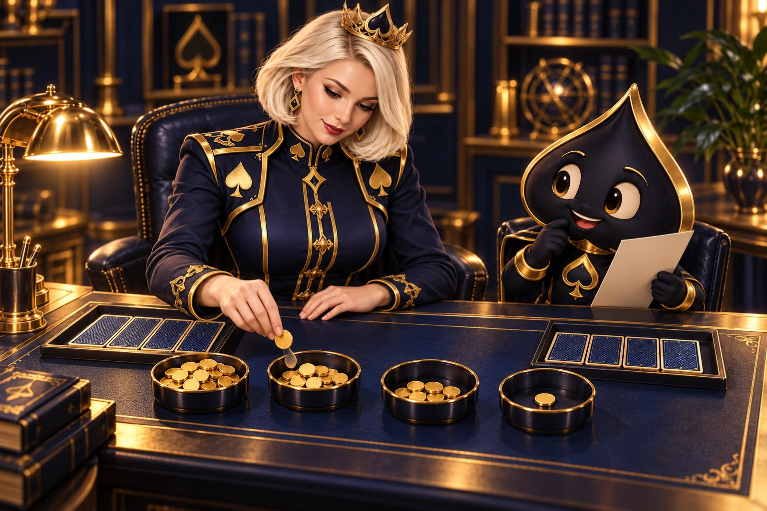 Aurora lifts a gold counter from one bowl while Ace the HPD spade watches with a blank sheet.