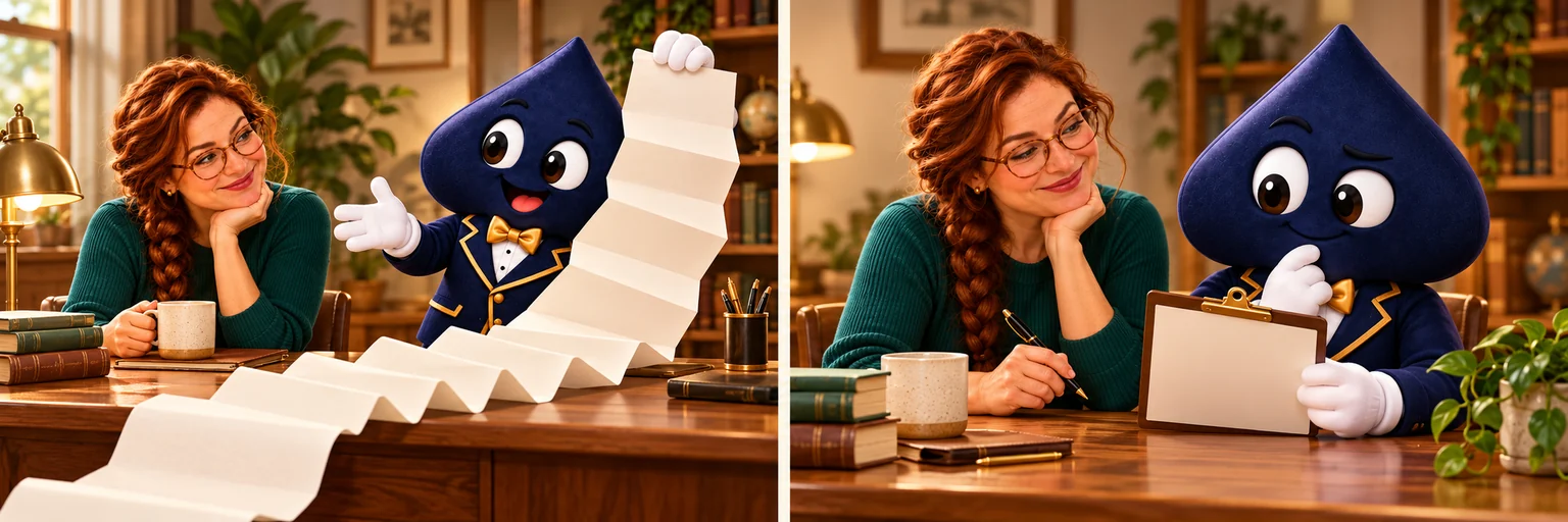 In a two-panel comic, the navy HPD spade swaps a sprawling blank paper accordion for one manageable clipboard beside Mara.