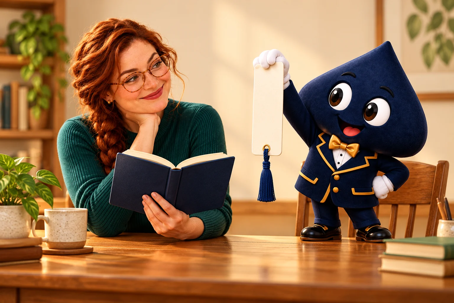 Mara opens a navy rulebook while the cheerful navy HPD spade holds an oversized blank bookmark.