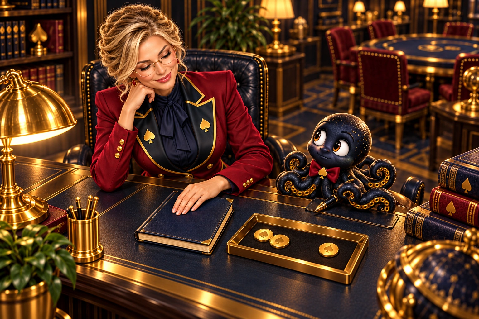 Valeria closes a session notebook while Ace the HPD spade puts down a pen beside unused entry tokens.