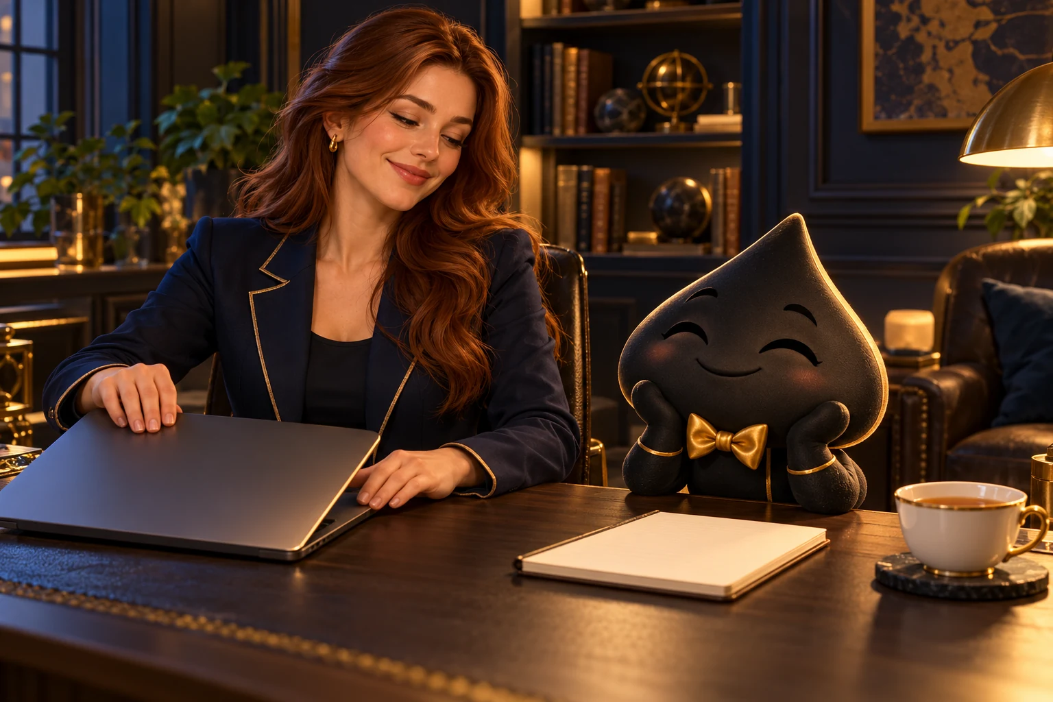 An HPD teacher closes a laptop while Ace the HPD spade rests beside a notebook and tea.