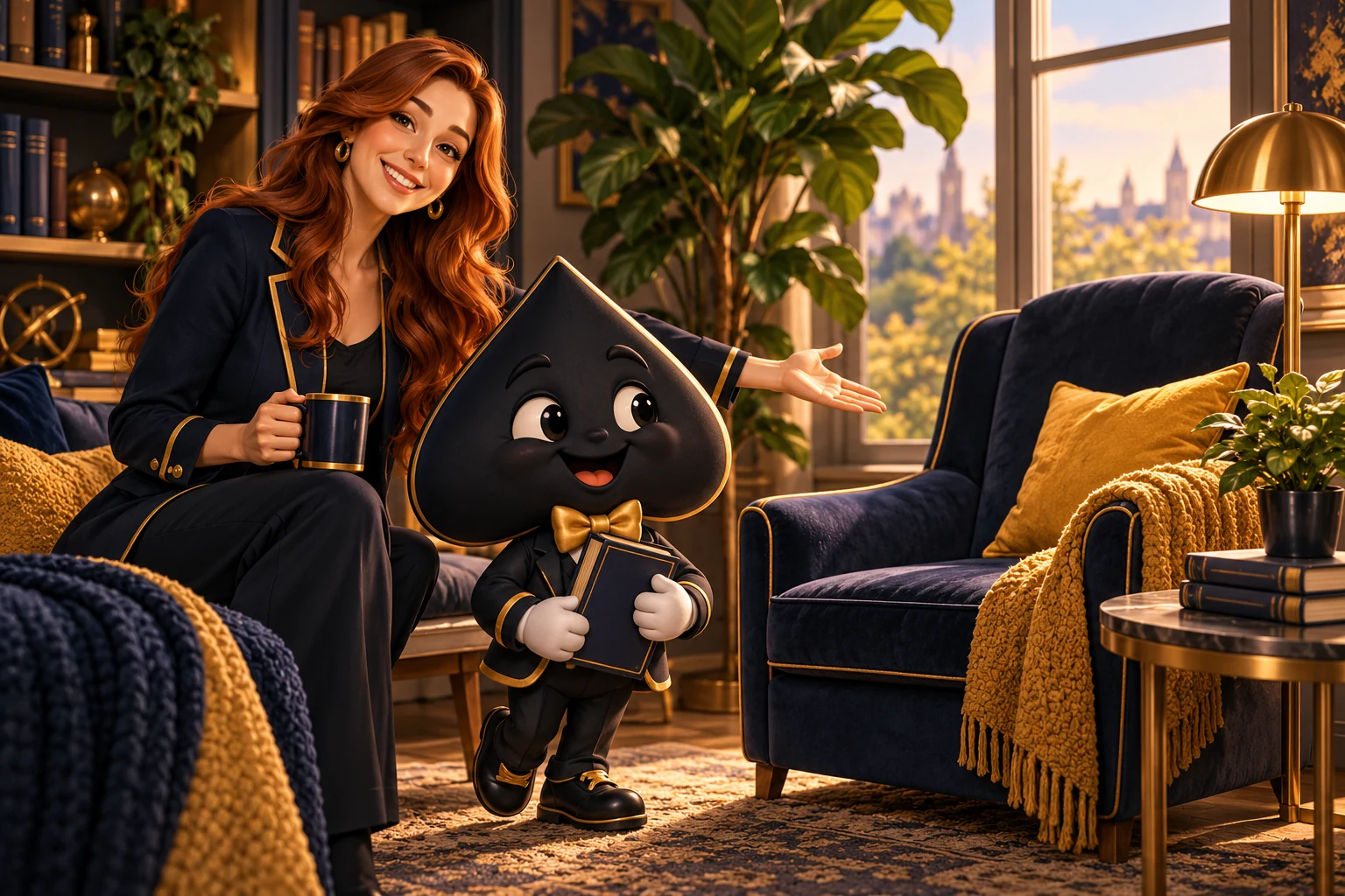 An HPD teacher welcomes Ace the HPD spade to a reading nook away from the tables.