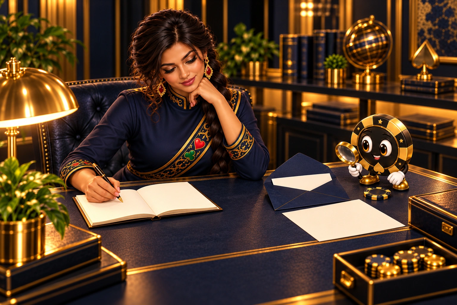Indira compares her notebook with an opened evidence envelope while Ace the HPD spade examines a token.