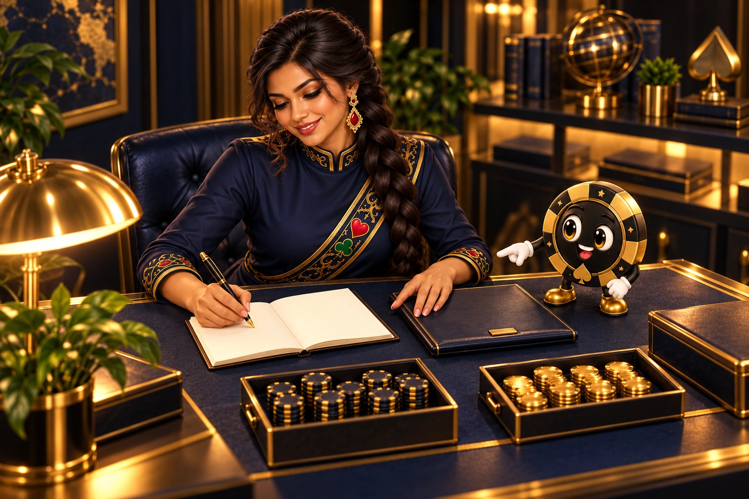 Indira writes a review note beside a closed folio while Ace the HPD spade points to it.