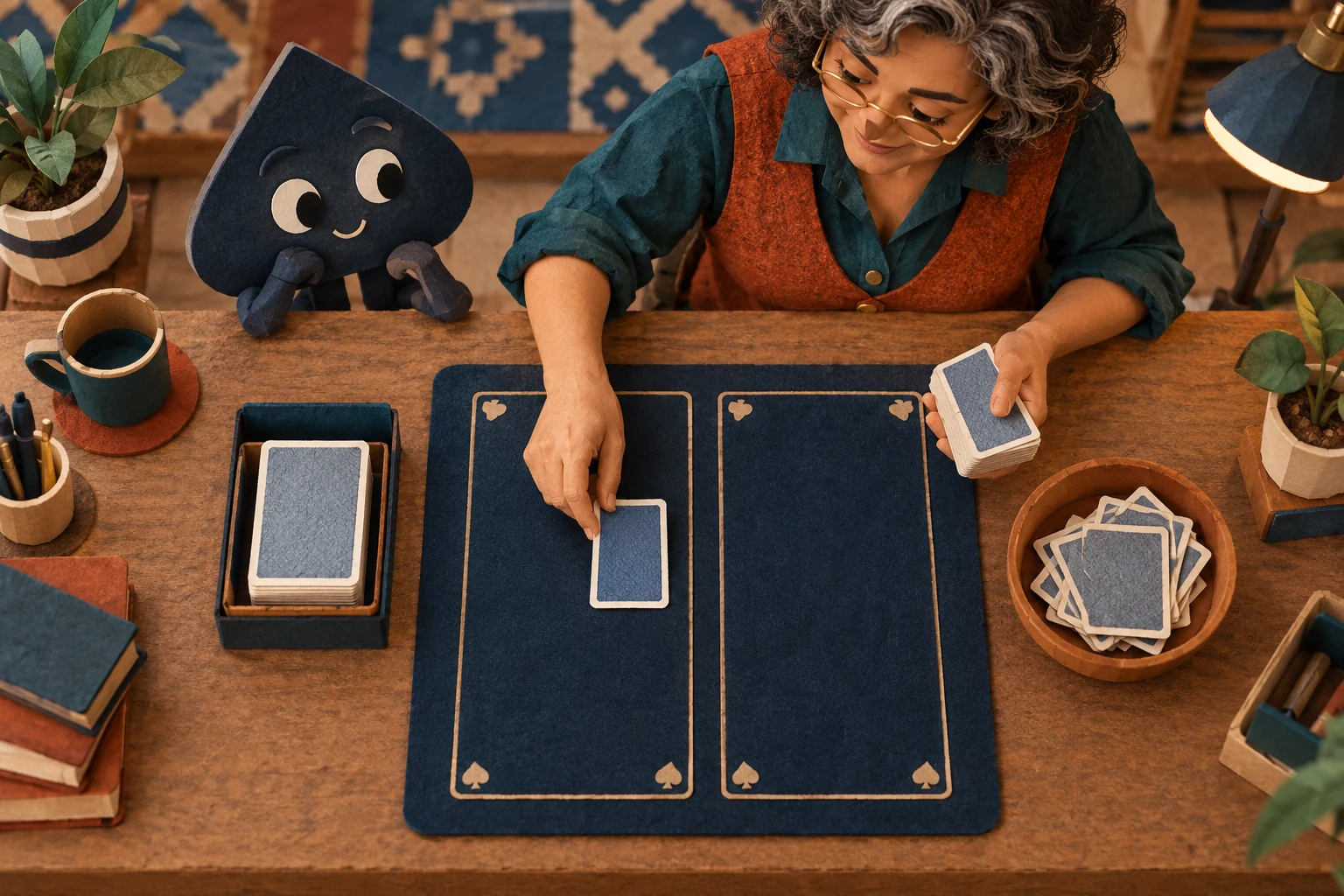 An overhead paper-collage scene shows Mara dealing a facedown card while the spade watches the table.