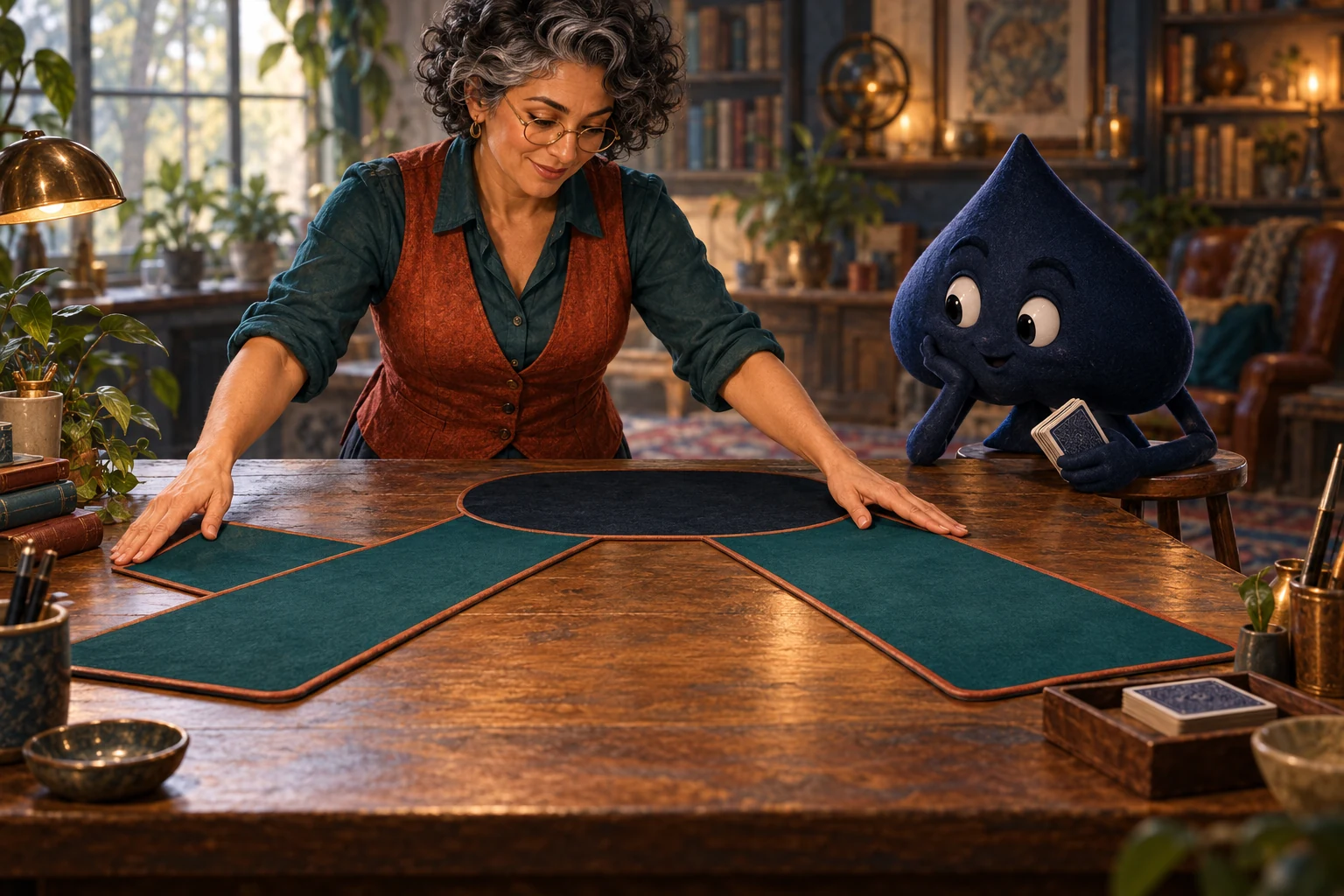 A teacher with curly grey-streaked hair opens two branching felt lanes while Ace the HPD spade holds a closed deck.